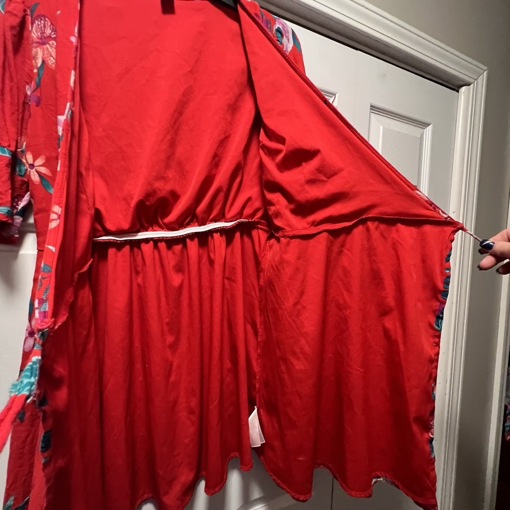 Old Navy Red Pink Green Tropical Floral Wrap Dress Bell Sleeve Size Medium - Picture 7 of 13